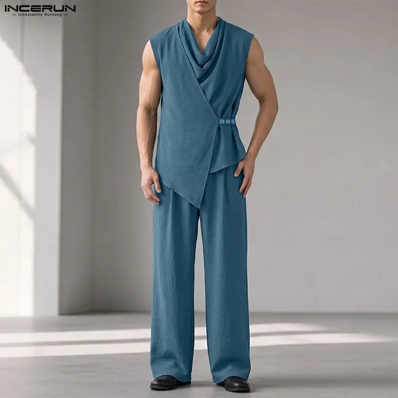 Track Suit Men - INCERUN Set Pria Warna Solid Tanpa